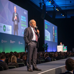 Lord Alan Sugar, dressed in a business suit, addressing a packed auditorium at a tech conference.