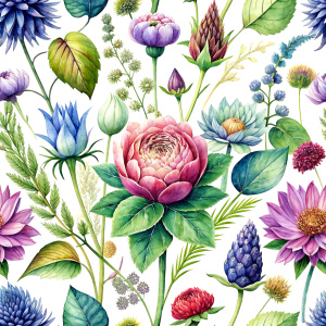 watercolor image , wrapping paper,artichokes  ,pink centaurea ,nigella ,mentha ,, hydrangea , wild lupine ,compass plant ,dogwoodevening primrose ,nodding onion , cosmos,scilla,hosta ,achillea,carly dock ,bee balm , physalis , watercolor,  background