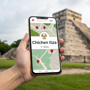 Interactive map of Chichen Itza, showcasing historical and cultural details of the ancient Mayan site in Mexico. Displayed on a smartphone screen.