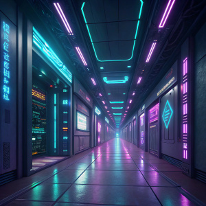 A 3D rendering of a wide, futuristic hallway. Neon lights, vibrant colors, abstract shapes. Cyberpunk theme.