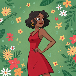 Digital illustration of Michiko Malandro from Michiko to Hatchin. Confident pose. Dark brown skin, dark styled hair, red dress. Vibrant green background with flowers. Cartoon-like style with bold colors and stylized aesthetic.
