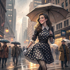 Hailee Steinfeld, radiant and smiling, walking through a bustling, rainy New York City street. Wearing a vintage-inspired black and white polka dot dress, sheer stockings, and holding an umbrella. Surrounded by people, some also holding umbrellas, in the city's typical rush hour.