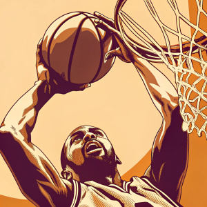 Digital illustration of Kobe Bryant. Wearing purple and gold Lakers jersey. Slam dunking the ball