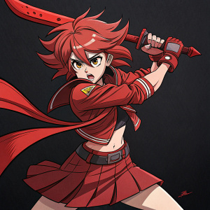 Ryuko Matoi from Kill la Kill in an action pose. Anime style sketch. She is wearing red hair and outfit. The background is plain black