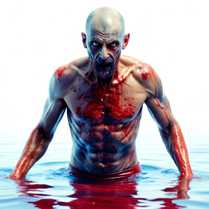 a zombi man, without hair, open wounds, wearing a bikini, comming out of red bloody water, close up photo