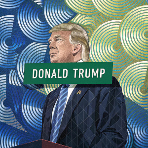 Donald Trump, depicted in an abstract pixelated style. Against a background of swirling geometric shapes in blue and metallic hues. A green banner with bold text overlaid on the figure.
