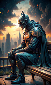 Countryside gentleman batman shot by sofia coppola, staring at camera, sitting on a bench::Cinematic light, extremely detailed