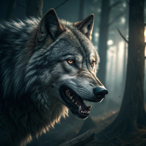 Close-up of a direwolf's face from Game of Thrones. Noticeable facial markings and fierce expression. Shot in dimly lit forest setting.