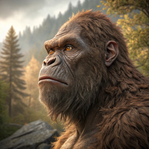 3D render of a Bigfoot-like creature's head. Brown color, rough texture. Large nose, piercing eyes