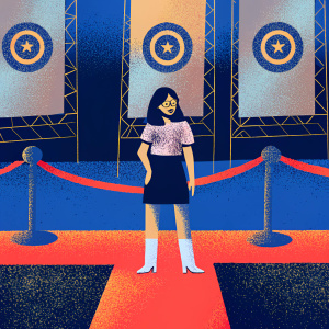 A young Asian actress, fair skin, dark hair, dressed in a pastel pink blouse with floral patterns, black pencil skirt, and white thigh-high stockings. Stands confidently on a red carpet. Surrounded by large, colorful banners with studio logos.