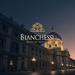 Bianchessi Materiali Antichi - high-end construction materials. Logo variations: grandiose version with dark hues and gold accents, elegant building imagery. Minimalist version showcasing name only. Both versions exude luxury and quality.