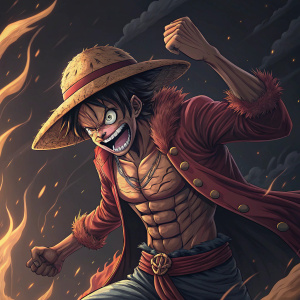 Monkey D. Luffy, from One Piece, with a fierce pose and grimace. Dark, dramatic background with swirling fire patterns