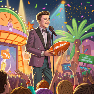 Jesse McCartney receiving an award at a lively Nickelodeon Kids' Choice Awards event. The stage is filled with vibrant colors and energetic crowd.