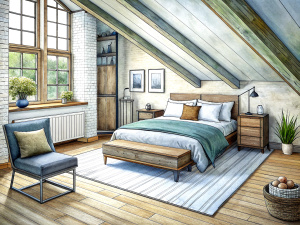 a sketch of a loft style
 bedroom in pencil