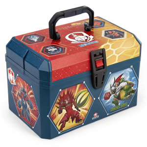 Colorful Bakugan Battle Pack toy box. Vibrant design featuring Haos Mantanoid and Pyrus Howlkor. Detailed illustrations of the toy figures and accessories. Designed for kids.