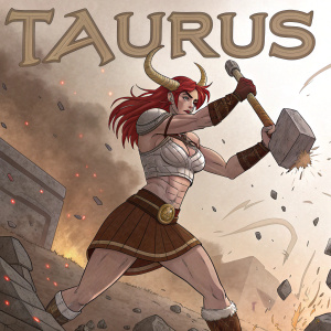 Illustration of a fierce female superhero, inspired by Taurus, mid-fight. Red hair, muscular, tight costume, brown skirt. Gritty background with battle debris. 'Taurus' title at top.