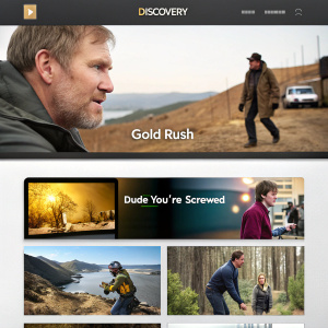 Homepage screenshot of Discovery Channel. Modern layout with a mix of video thumbnails in various sizes and colors. Titles like 'Gold Rush' and 'Dude You're Screwed' featured prominently