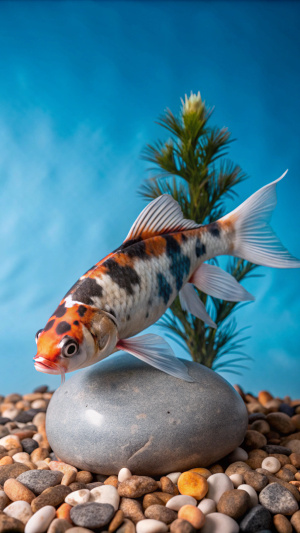 in a aquarium one koi fish with stones and seaweed, file type HD, 8k.