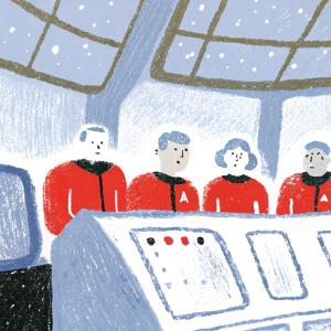 Dark and tense scene from Star Trek: The Original Series. Control room of the Enterprise. Crew members, including Spock, in red and black uniforms. Urgent expressions on their faces as they interact with the control panels.