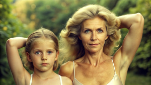 extremely realistic natural visualisation of, blonde hairy mother and daughter, (showing their extremely detailed armpits:1.3), (focused hairy armpits:1.7), (focus on naturalistic long overgrown armpit hair:1.3), natural eyes, extremely detailed and natural skin texture, extremely detailed feminine face, natural lighting, cozy background interior, serious facial expression, high quality, 8k, reality, masterpiece