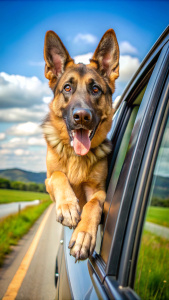 perro joven y fuerte pastor aleman saltando por la ventana de un coche