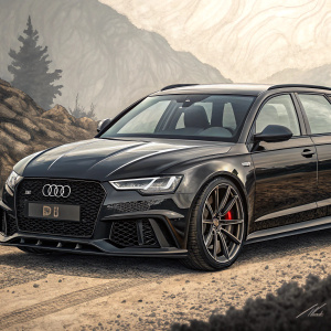Close-up shot of a sleek black Audi RS6 Avant performance car. Rough gravel background blurred