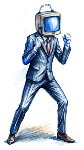 A guy wearing a suit with CRT TV-head fighting
