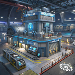 3D rendering of a high-tech facility from the game Atlas Reactor. Futuristic and industrial design. Blue, gray, and metallic hues. Multi-level architecture. Console panels, screens, and advanced machinery. Focus on functionality and technology. Digital illustration style.