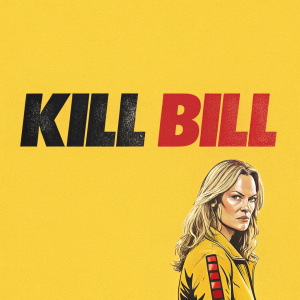 A vibrant poster for 'Kill Bill'. Bold letters in a mix of fonts and colors. Black and red colors contrasting against a yellow background.