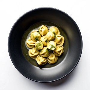 creamy Tortellini, white background, only black plate, Overhead Camera Angle, delicious, gourmet, master chef