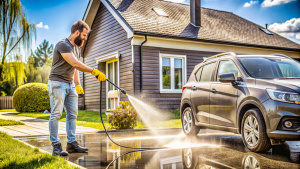 мужчина моет свою машину KARCHER на заднем дворе дома, вид сдалека 