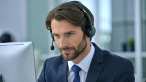 Dedicated male call center operator wearing headset working on computer in call center office.