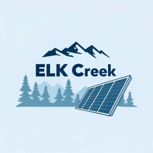 Elk Creek logo featuring a sleek solar panel graphic on the left. The logo uses a bold sans-serif font with a minimalist blue and dark blue color palette. Clean, modern design with flat styling and no shading.