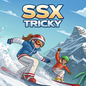 Video game cover for SSX Tricky. GameCube platform. Dynamic scene with cartoon characters in sporty gear. Sportswear and accessories. Prominent text.
