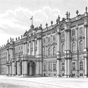 A detailed black and white illustration of the Winter Palace, St. Petersburg, Russia. Depicting the grandeur of the Victorian era with its ornate architecture, multiple levels, columns, arches, and intricate stone details. The facade is elaborately decorated, showcasing a comprehensive view of the palace's expansive structure.