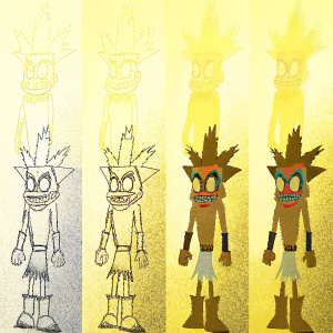 Concept art progression of a character akin to Crash Bandicoot. From initial rough sketches to vibrant final designs. Evolution from simple lines to detailed facial expressions and intricate clothing.