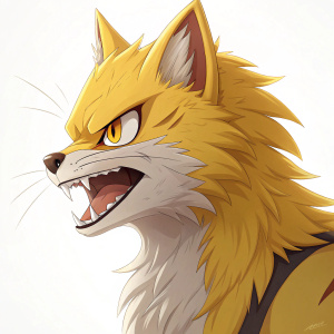 Nekomamushi, My Hero Academia character, intense gaze, yellow fur, sharp teeth, fluffy mane. Brightly lit studio setting, white backdrop.
