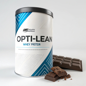 A sleek photograph of Optimum Nutrition Opti-Lean Whey Protein in chocolate flavor. Stylish packaging with predominantly white surface, interspersed with sharp black and blue text. Intended for individuals seeking lean muscle development.