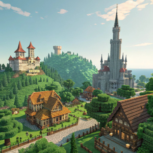 Virtual scene of Castle Town from Minecraft. Teeming with digital structures, buildings, and vibrant green landscapes. A towering castle with a spire stands out against the backdrop of a digital world. The vibrant color palette includes shades of green and brown with bright accents.