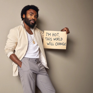 Photo of Donald Glover, aka Childish Gambino, confidently posing. Luxuriant beard, handwritten note: 'I'm hot, this world will change'. Neutral background