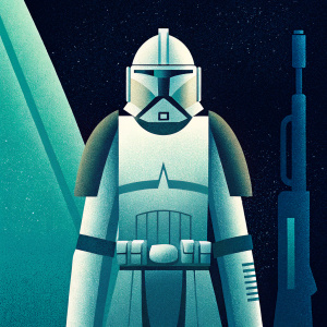 A highly detailed 3D digital artwork showcasing a Star Wars clone trooper, CT-5916 Grunt, standing at attention. The trooper is armored in a white and brown combat suit, with intricate straps and buckles, ready for battle. Set against a black background, the figure's helmeted head reveals a clear visor.
