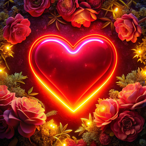 Neon herz in rot mit blumen im Hintergrund in gelb rosen