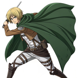 Armin Arlert from 'Attack on Titan', in a dynamic pose with a green cloak, determined expression. Digital artwork showcasing detailed clothing and shading.