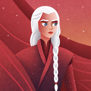 Digital art of Daenerys Targaryen, fair-skinned, with striking grey eyes and long white hair adorned with intricate braids. Close-up of her face and upper body against a blurred, dreamy background.