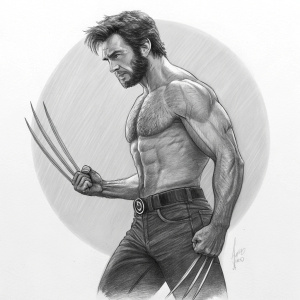 Sketch of Logan as Wolverine. Grayscale pencil drawing. Simple background.