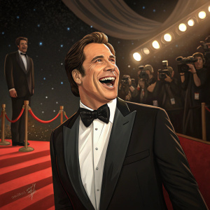 John Travolta at the Golden Globe Awards. Wearing a black tuxedo. Large smile, energetic pose. The stage is dimly lit with red carpet and flashing cameras.