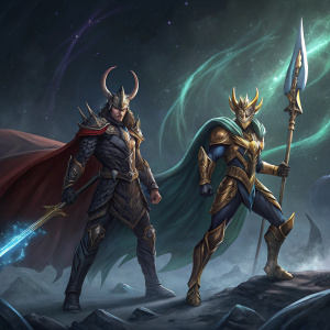 Digital art featuring Loki De Fenrir and Ur De Surtr from the Saint Seiya universe. They are depicted in battle-ready stances, adorned in intricate armor and wielding weapons. Dark, fantastical background with swirling cosmic elements.
