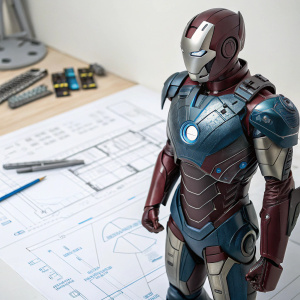 Concept art of Iron Man's armor. Futuristic design. Detailed blueprints.