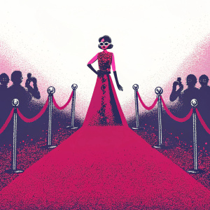 Sofia Carson on the red carpet at a movie premiere, confidently posing. She is wearing a striking red dress with intricate details, and her makeup is bold and glamorous. The background features flashing cameras and excited fans.