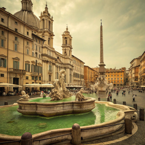 A vintage photo of a bustling Piazza Navona in Rome. Greenish water flowing from an ornate fountain featuring mythological figures. Tall buildings with intricate details surround the square.